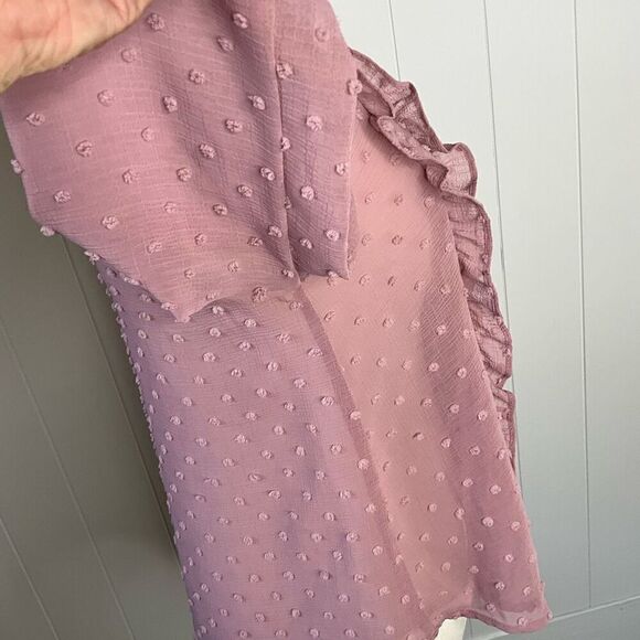 EM Womens Size Small Pullover Blouse Pink Dots Textured Ruffles Long Sleeves - Picture 6 of 14